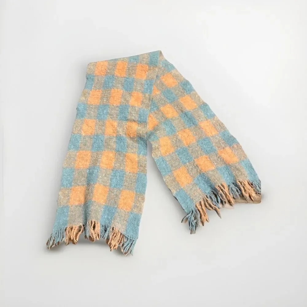 Vintage 60's Mohair Hand Woven Fringe Scarf 52”x10” USA Pastel